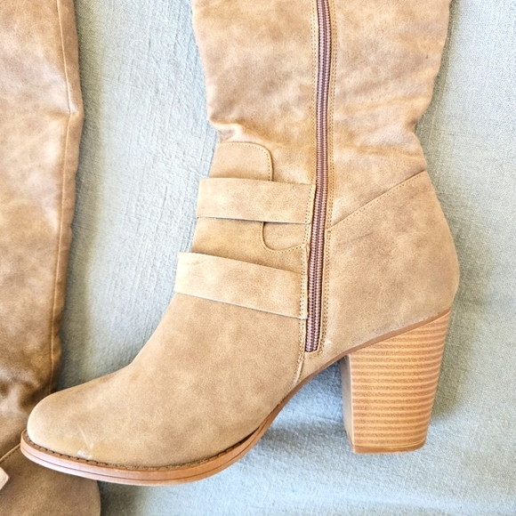 JustFab Ramonia Heeled Boot 9.5W Taupe Camel 3.5" Heel Zip Knee Winter Excellent - Picture 7 of 11